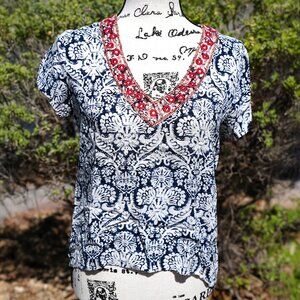 Buttons brand White Blue Print Blouse with Red Embroidered V-Neck